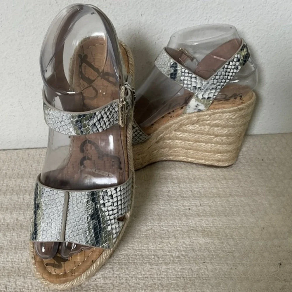 Sam‎ Edelman Maura Snakeskin Platform Wedge Espadrille Sandals White Black 6M